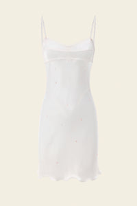 Fitted mini dress in ivory with hand-stitched crystals for special occasions and wedding parties