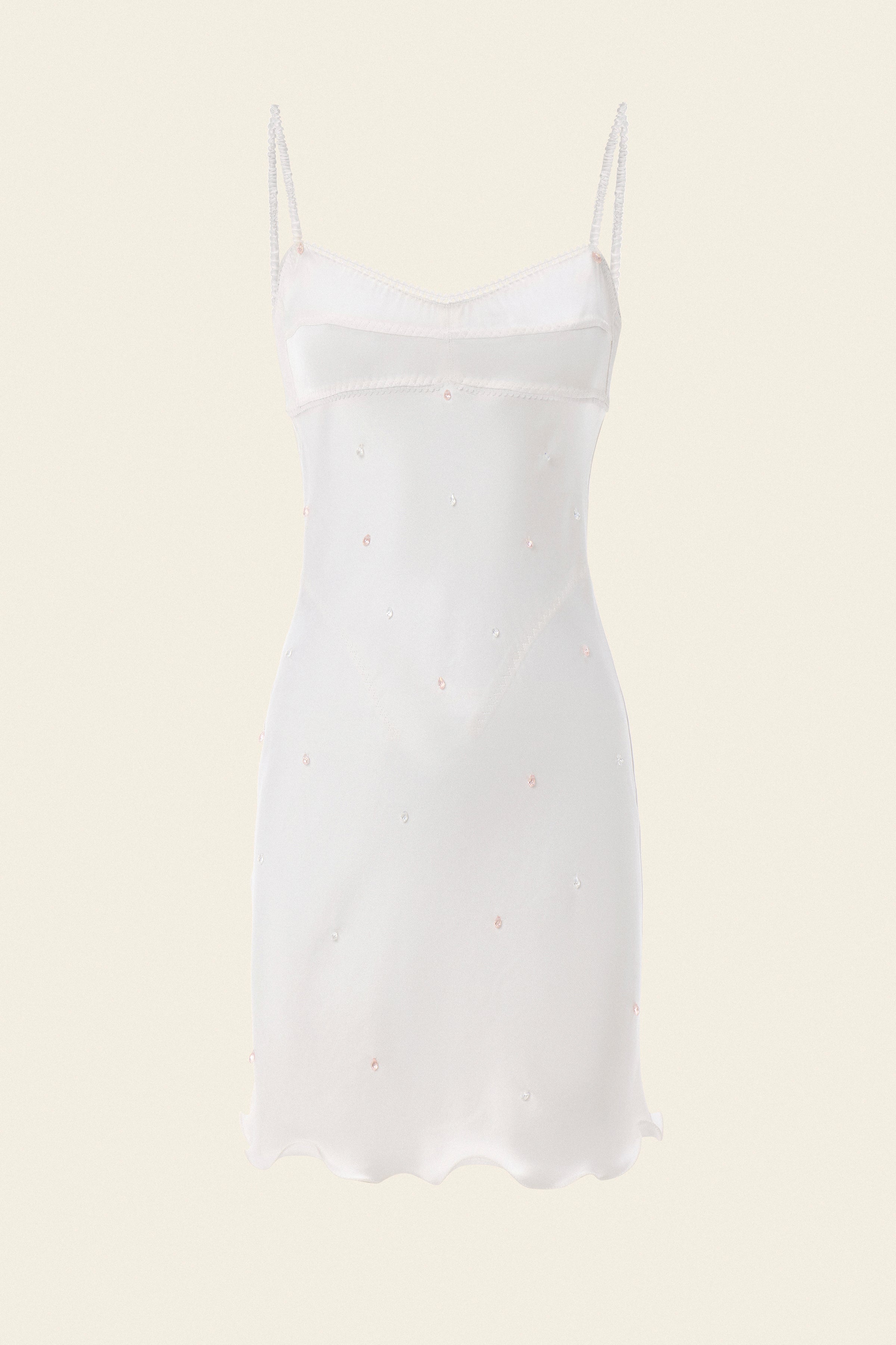Fitted mini dress in ivory with hand-stitched crystals for special occasions and wedding parties