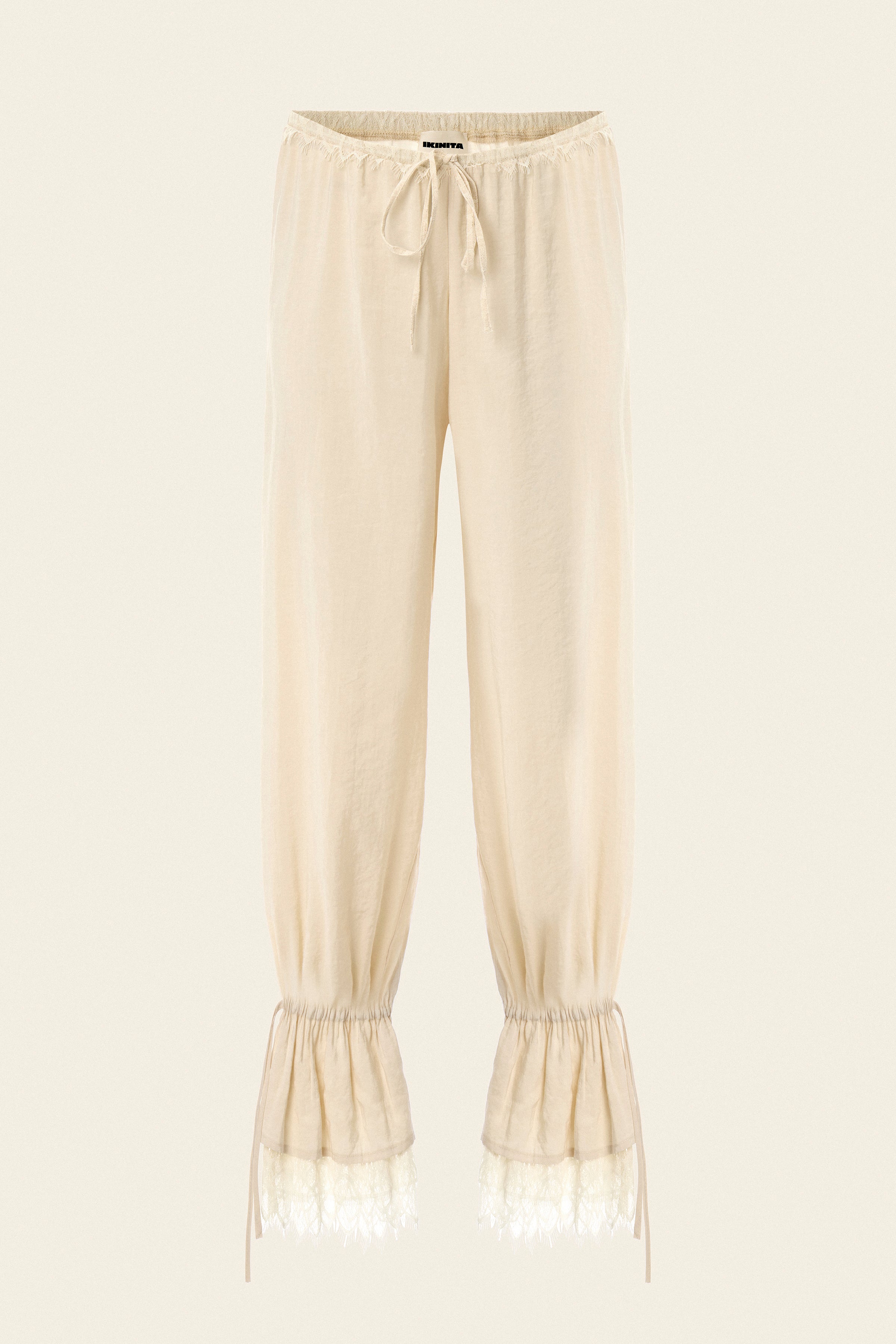 maxi length mid-rise lace-trimmed modal pants in cream