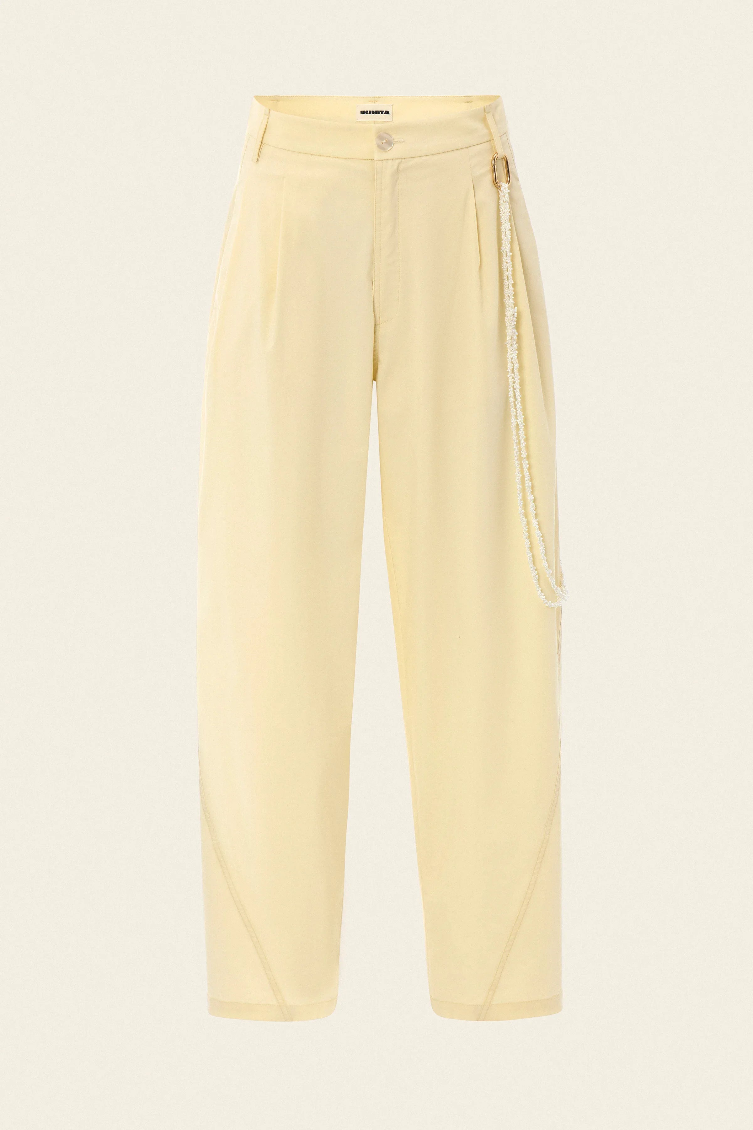 Mid-rise comfy elegant butter yellow pants with beaded chain