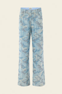Mid-rise, straight leg embroidered denim pants