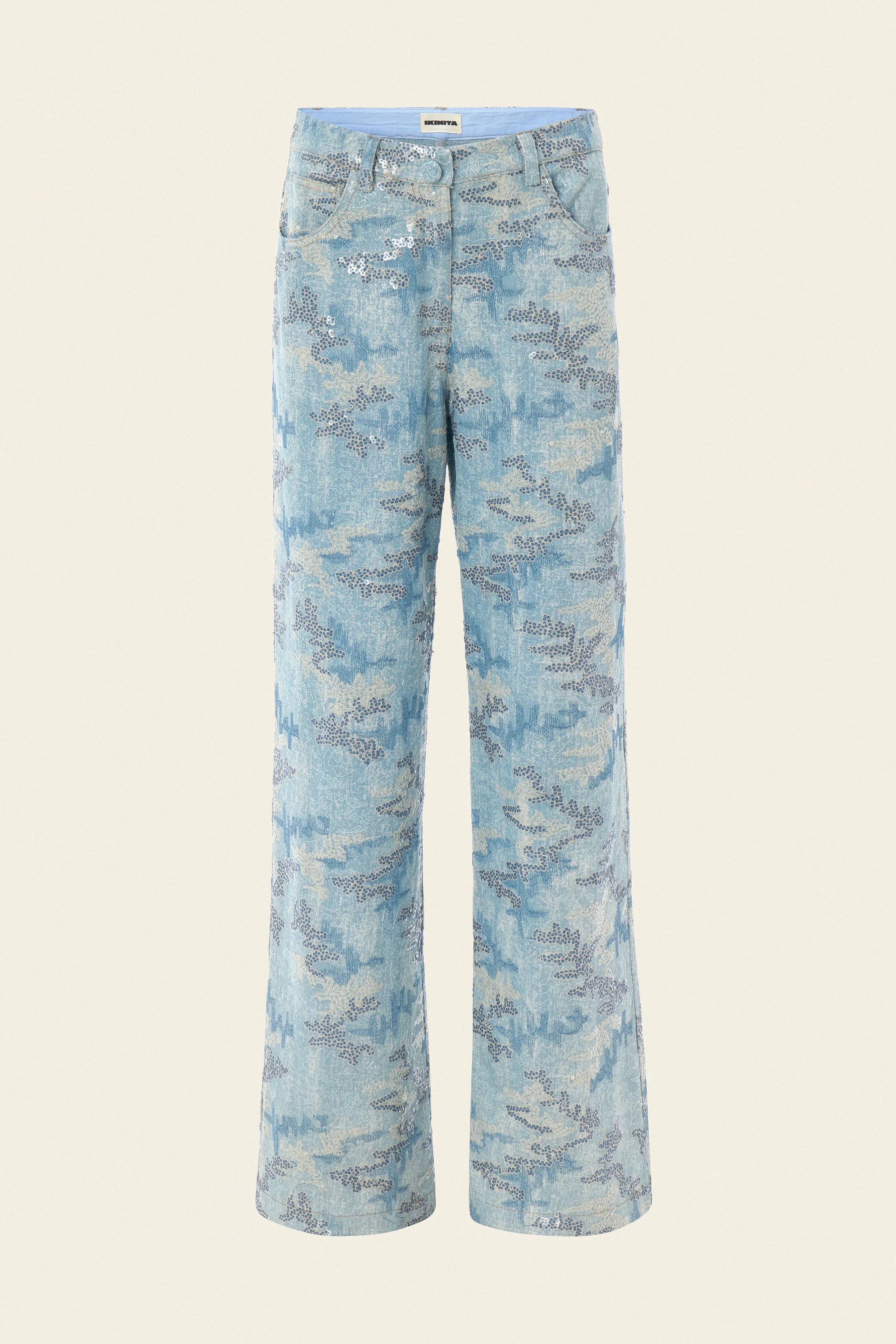 Mid-rise, straight leg embroidered denim pants