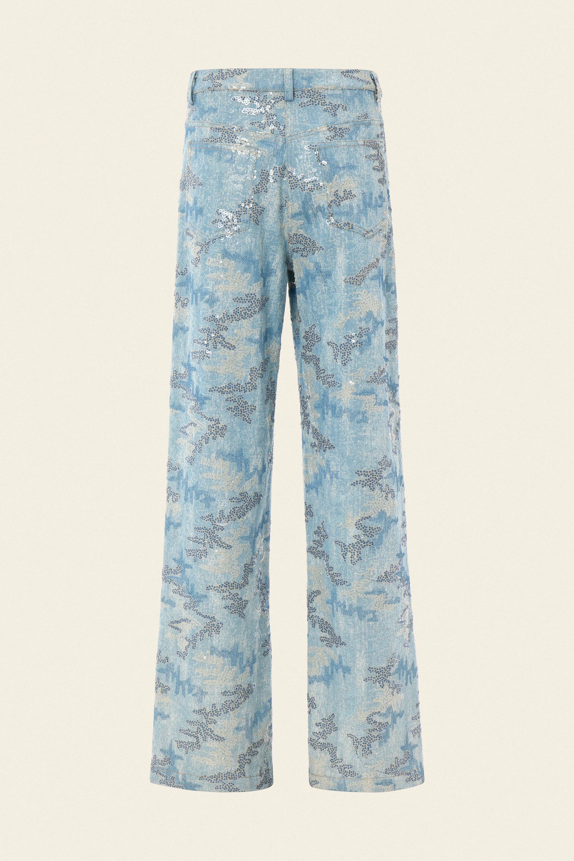 Mid-rise, straight leg embroidered denim pants