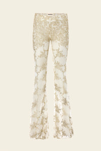 Hand-embroidered custom-lace flared pants in ivory for special occasions 