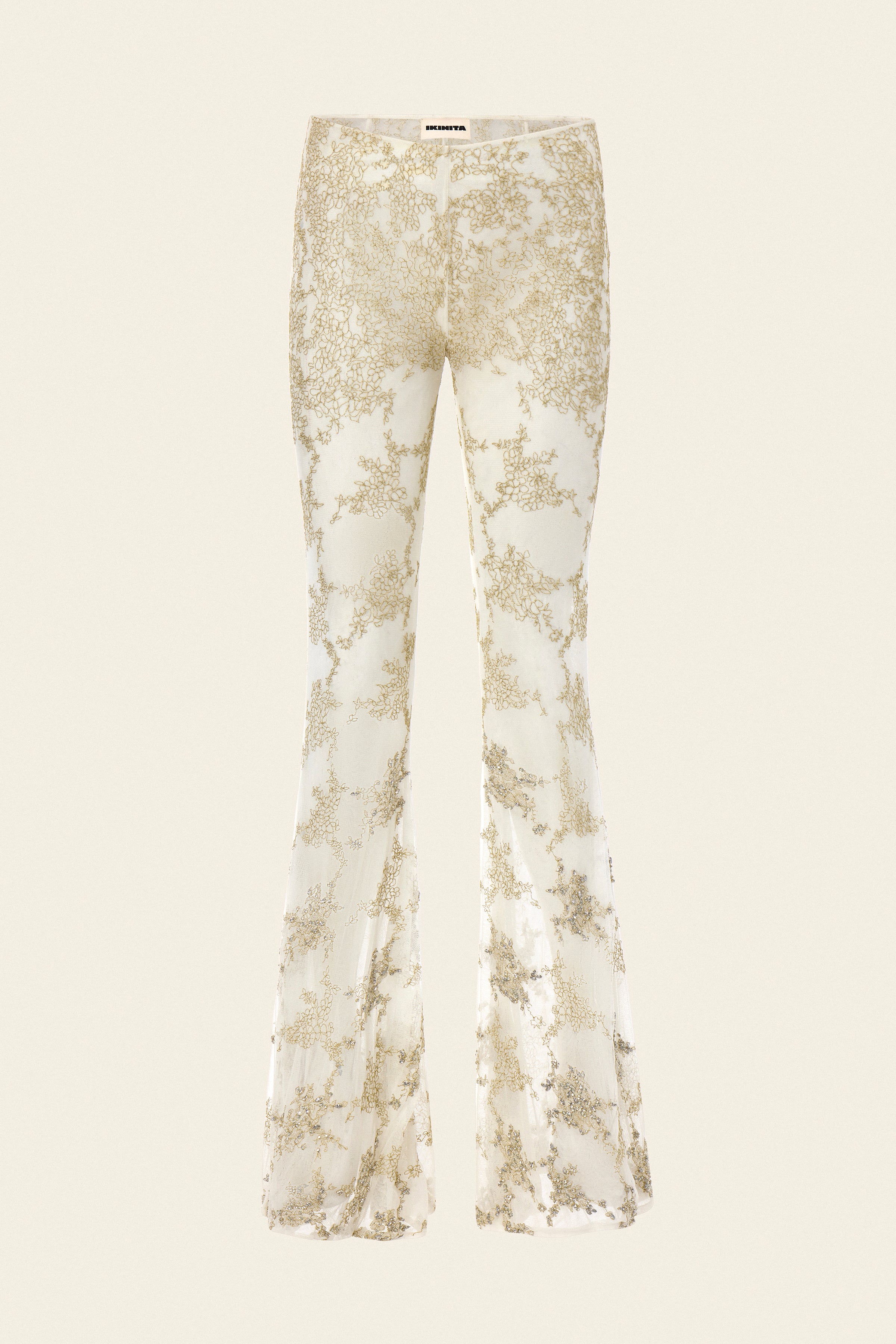 Hand-embroidered custom-lace flared pants in ivory for special occasions 