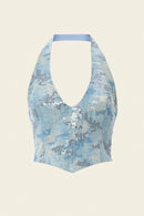 Hand-embroidered, halter neck blue denim top
