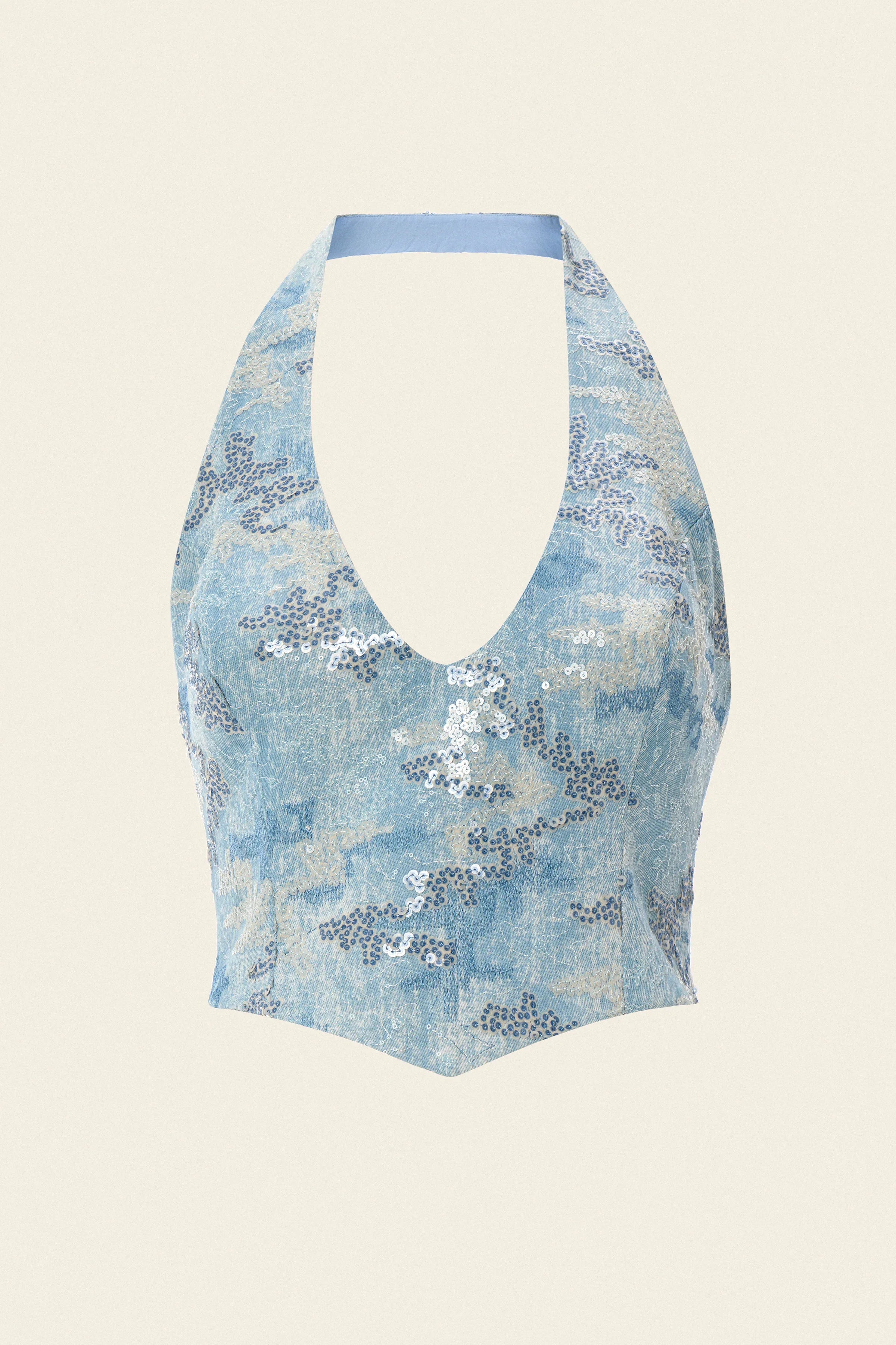 Hand-embroidered, halter neck blue denim top