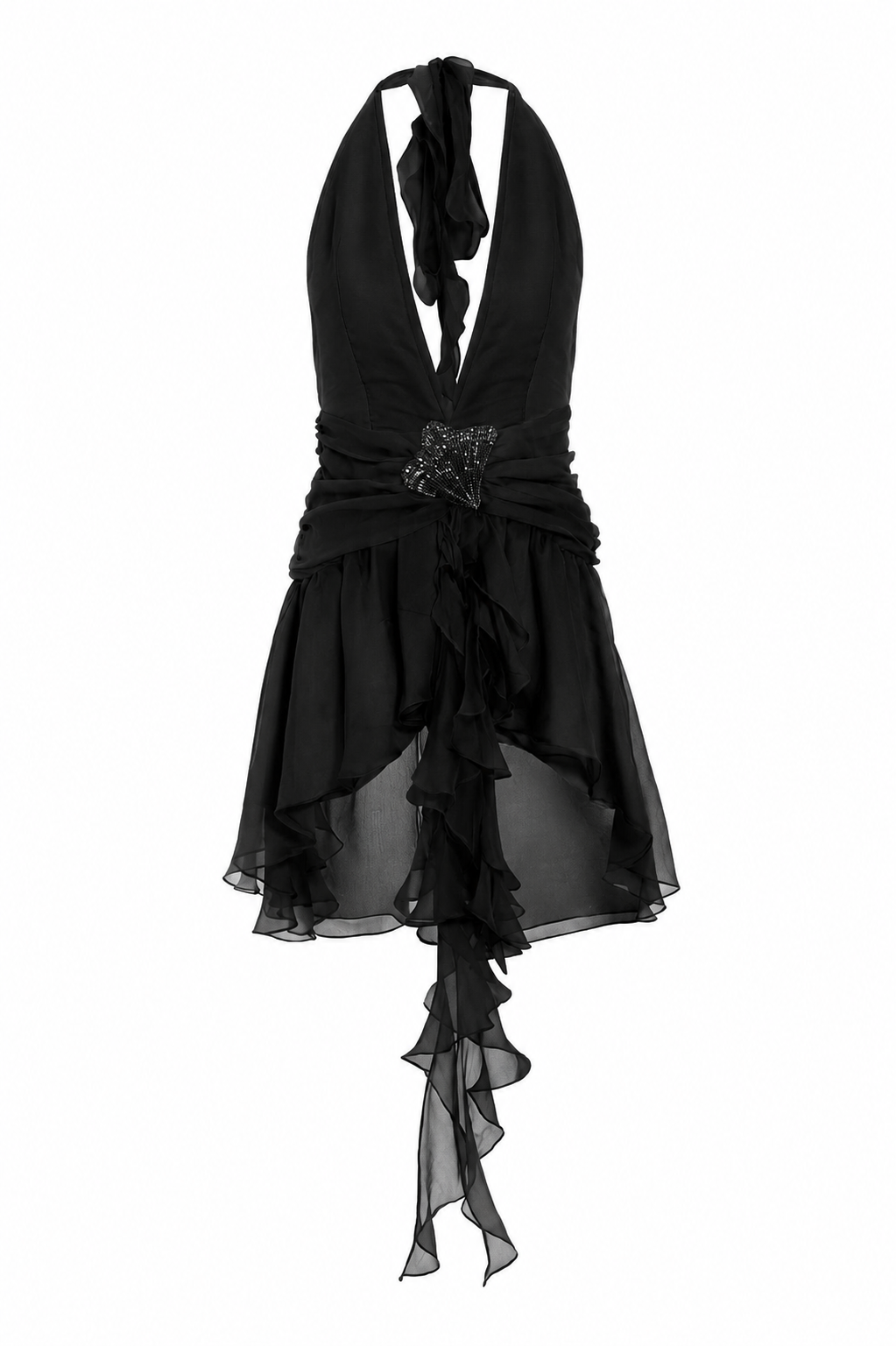 Black halter neck silk dress with ruffled details and custom handmade embroidery for summer events and special occasions