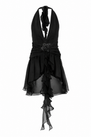 Black halter neck silk dress with ruffled details and custom handmade embroidery for summer events and special occasions