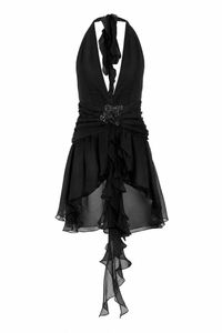 Black halter neck silk dress with ruffled details and custom handmade embroidery for summer events and special occasions