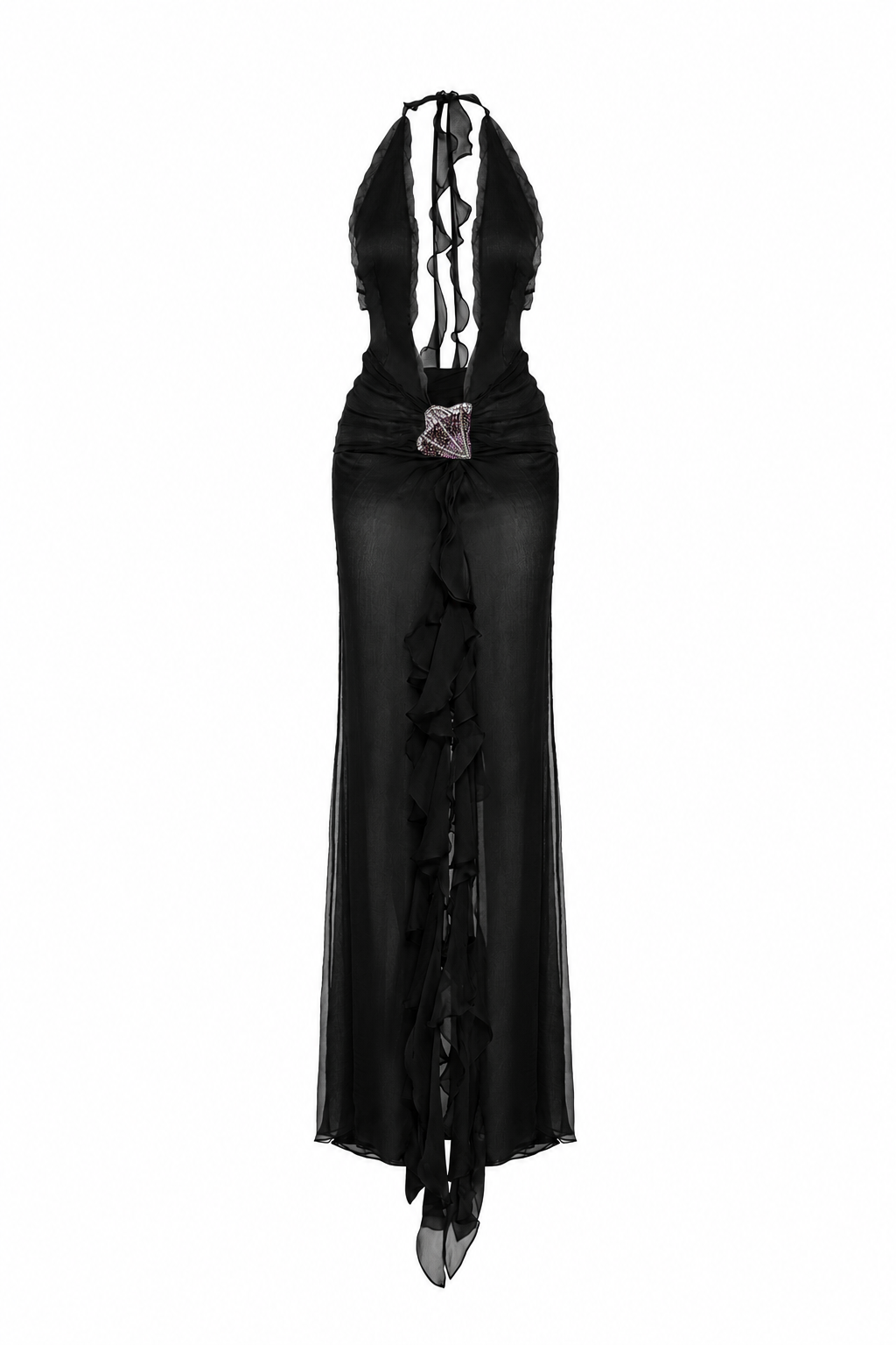 Maxi silk gown in black with custom handmade embroidery detail in the front featuring ruffled deep slit in the back, halter neck and open back for summer wardrobe and special occasions
