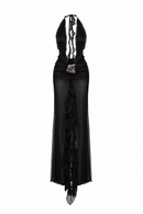 Maxi silk gown in black with custom handmade embroidery detail in the front featuring ruffled deep slit in the back, halter neck and open back for summer wardrobe and special occasions