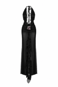 Maxi silk gown in black with custom handmade embroidery detail in the front featuring ruffled deep slit in the back, halter neck and open back for summer wardrobe and special occasions