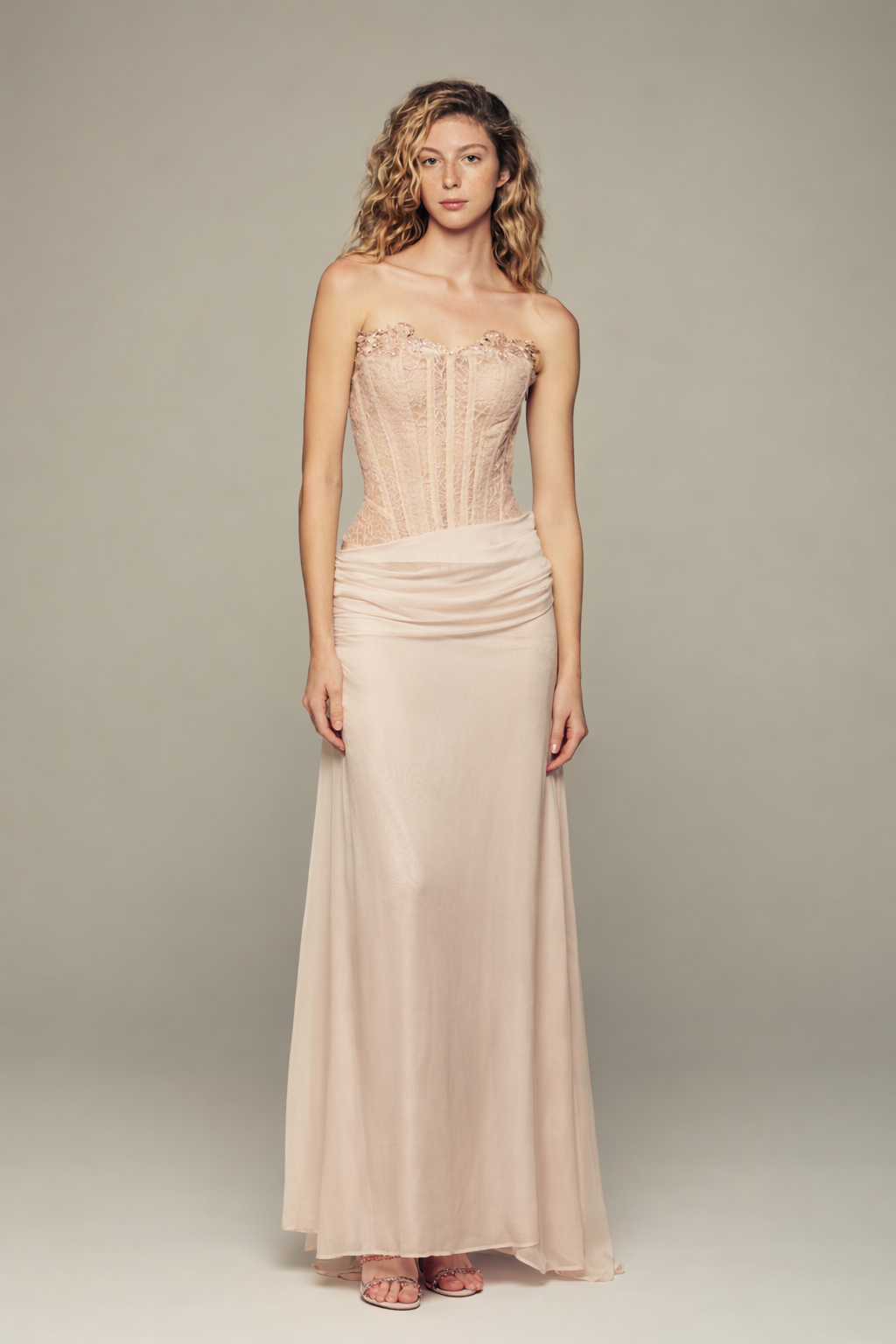 Boned french corset silk gown with custom lace designed for summer evenings and special occasions