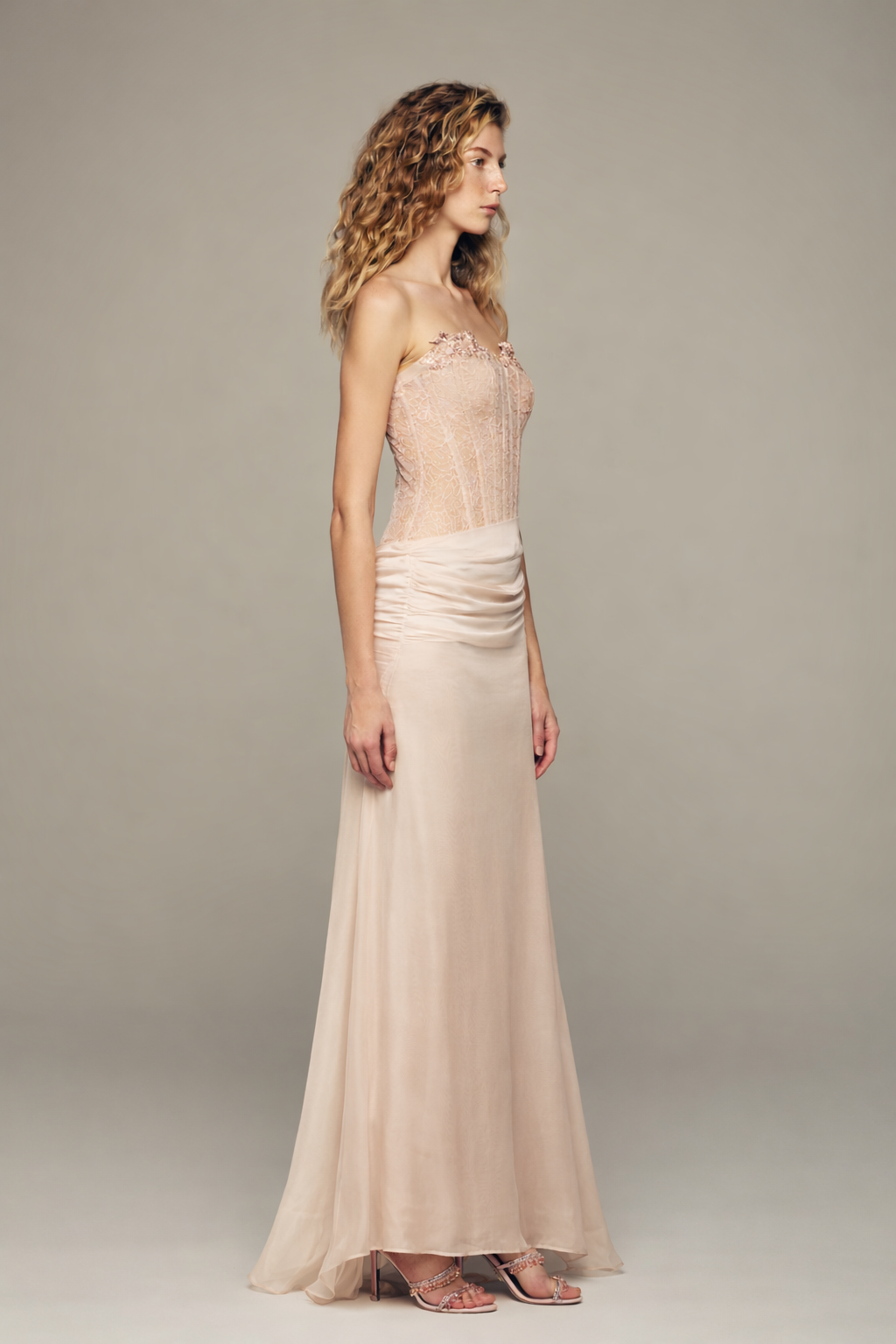 Boned french corset silk gown with custom lace designed for summer evenings and special occasions