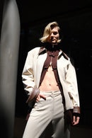 Beige cotton-gabardine jacket featuring contrasting brown faux-leather detailing and a clean zip fastening. Designed with a polished structured silhouette for elevated everyday dressing, day-to-night styling, city looks and sophisticated winter outfits.