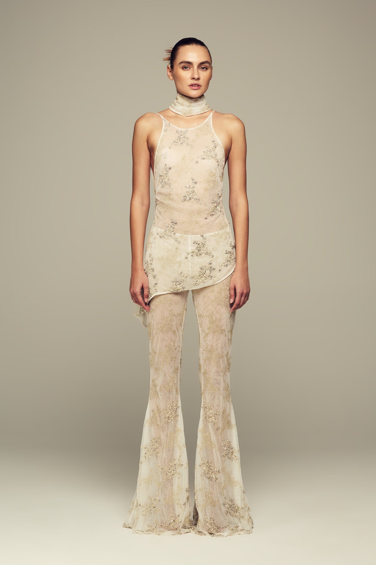 Hand-embroidered custom-lace top in ivory for special occasions 