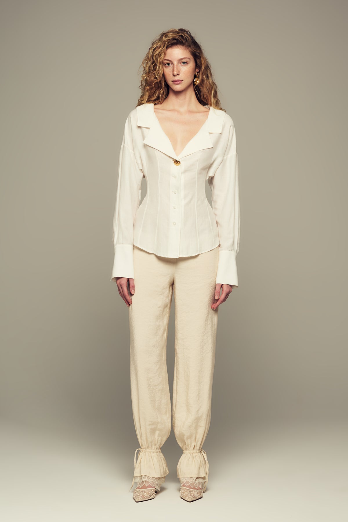 maxi length mid-rise lace-trimmed modal pants in cream