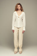 maxi length mid-rise lace-trimmed modal pants in cream