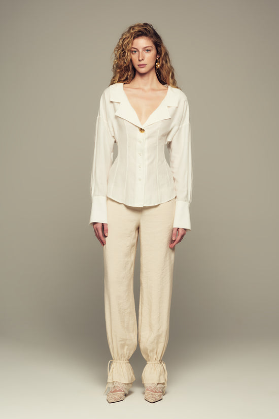 maxi length mid-rise lace-trimmed modal pants in cream