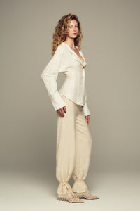 maxi length mid-rise lace-trimmed modal pants in cream