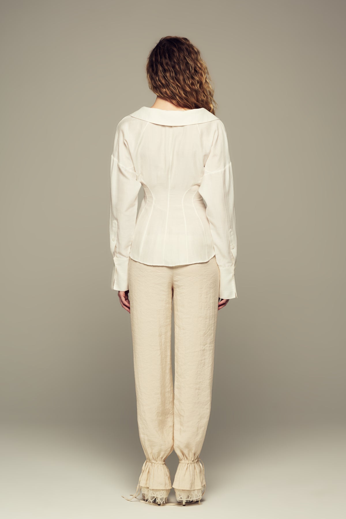 maxi length mid-rise lace-trimmed modal pants in cream