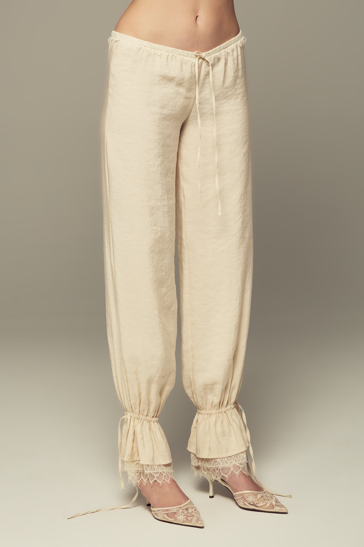 maxi length mid-rise lace-trimmed modal pants in cream