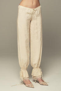 maxi length mid-rise lace-trimmed modal pants in cream