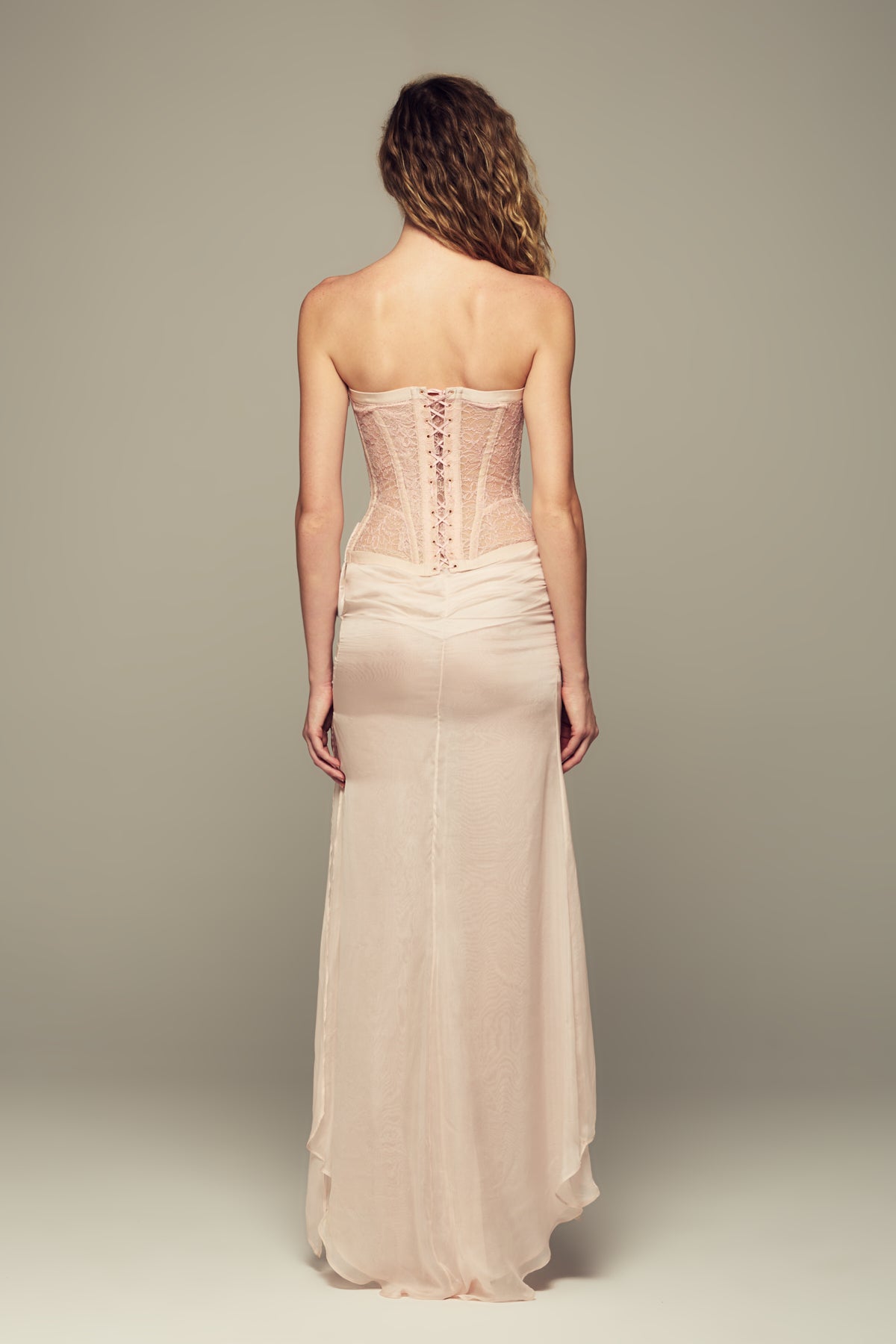 Boned french corset silk gown with custom lace designed for summer evenings and special occasions