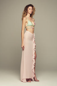 Maxi silk ruffle skirt in pink for special summer occasions like evening and cocktail parties 