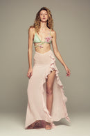 Maxi silk ruffle skirt in pink for special summer occasions like evening and cocktail parties 
