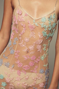 Hand-embroidered floral mini dress with removable lining as evening/cocktail dress