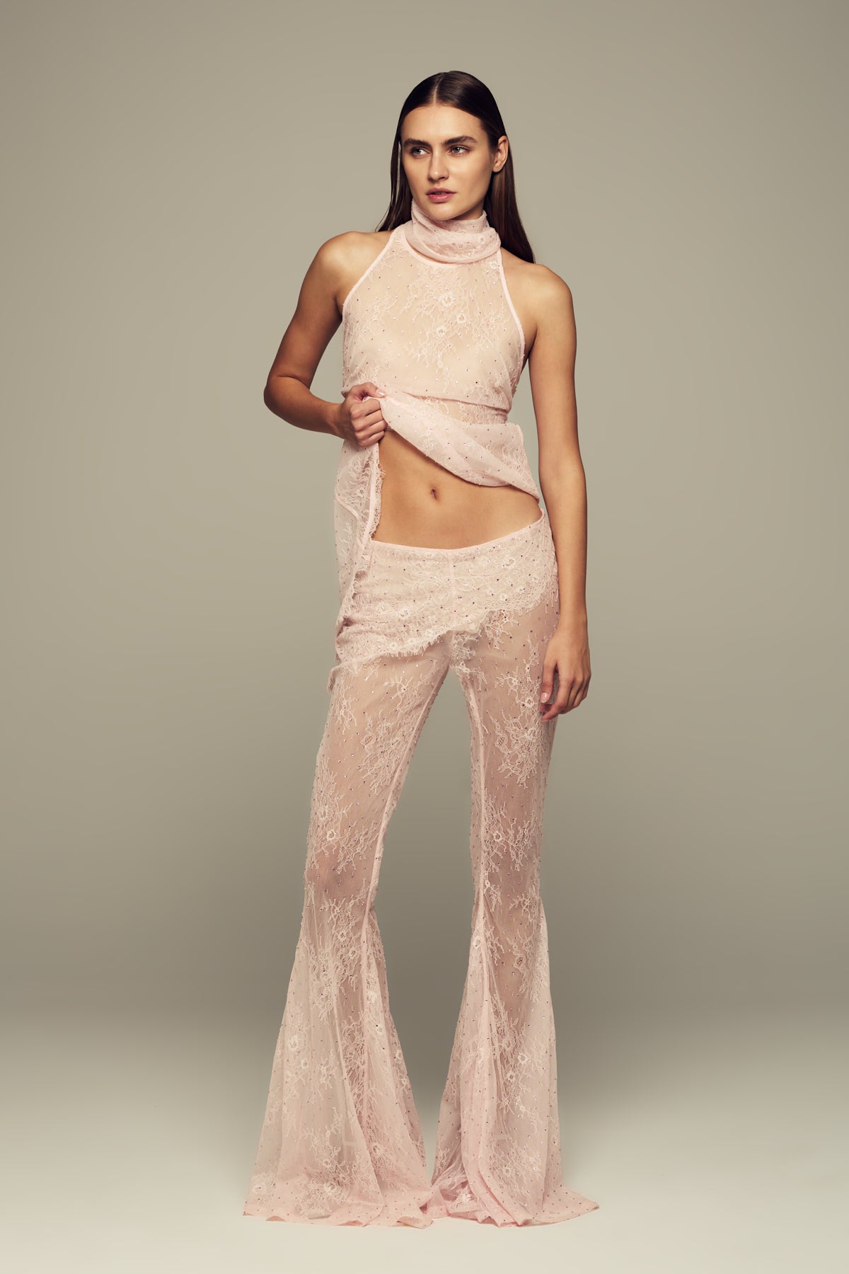 Crystal-pressed custom-lace pants in pink for special occasions