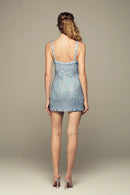 Hand-embroidered mini blue evening dress for special occasions