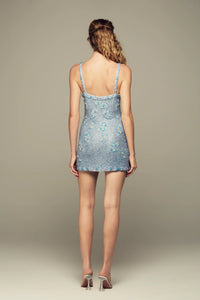 Hand-embroidered mini blue evening dress for special occasions