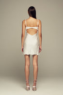 Fitted mini dress in ivory with hand-stitched crystals for special occasions and wedding parties
