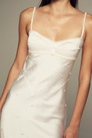Fitted mini dress in ivory with hand-stitched crystals for special occasions and wedding parties