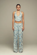 Hand-embroidered, halter neck blue denim top