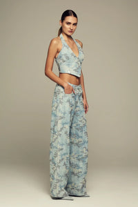 Hand-embroidered, halter neck blue denim top