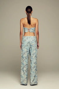 Hand-embroidered, halter neck blue denim top