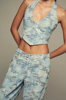 Hand-embroidered, halter neck blue denim top