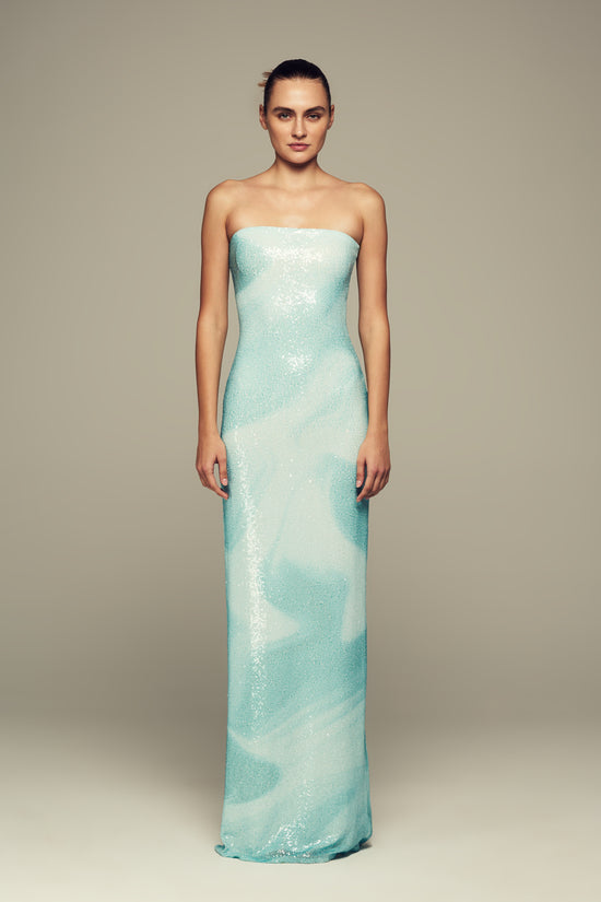 Digital print sequins blue maxi gown for summer/special occasions. 