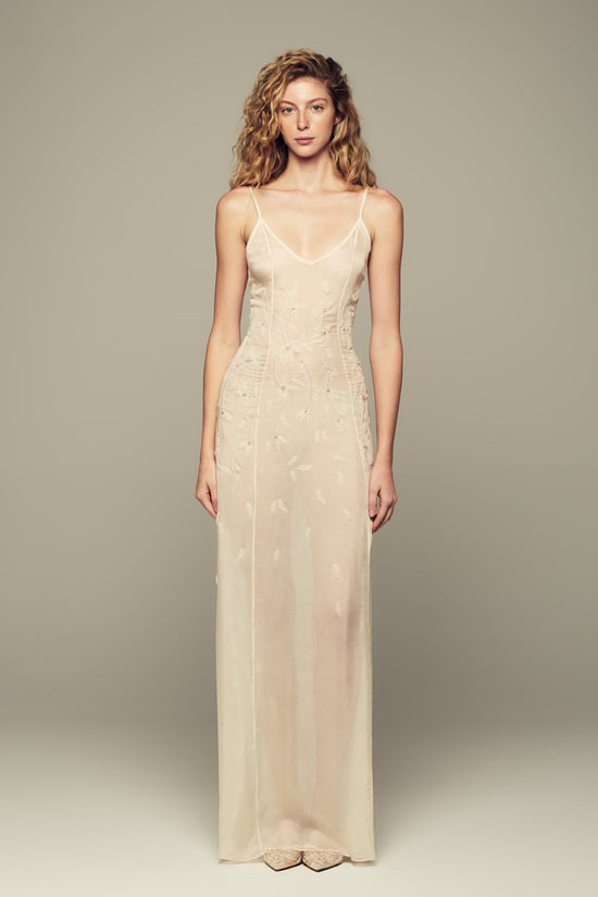 Maxi silk hand-embroidered gown for special summer occasions