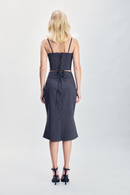 Gray corset woven with subtle yellow stripes and crafted from a soft viscose-blend fabric. Finished with refined eyelet detailing and a structured fitted silhouette. Designed for sophisticated eveningwear, layering, special occasions and statement winter dressing.