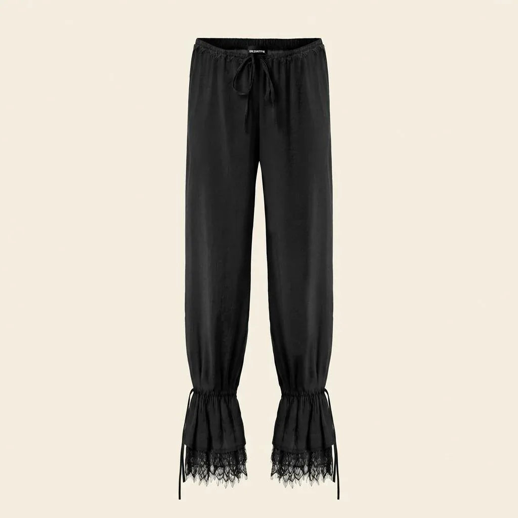 maxi length mid-rise lace-trimmed modal pants in black 