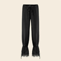 maxi length mid-rise lace-trimmed modal pants in black 