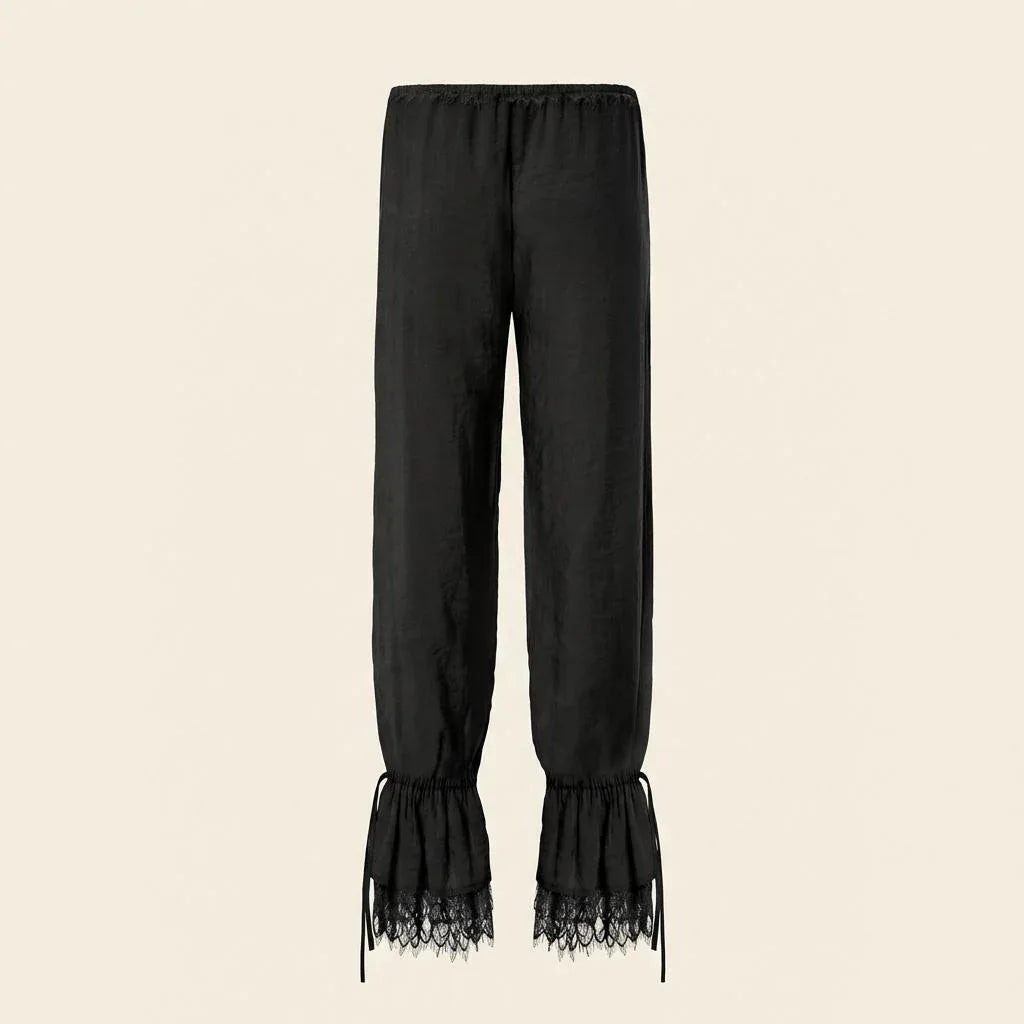 maxi length mid-rise lace-trimmed modal pants in black 