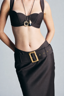 Chocolate brown bra crafted from luxurious 100% wool with delicate hook detailing and a refined structured finish. Designed as a statement layering piece for evening styling, sophisticated outfits, special occasions and elevated winter dressing.